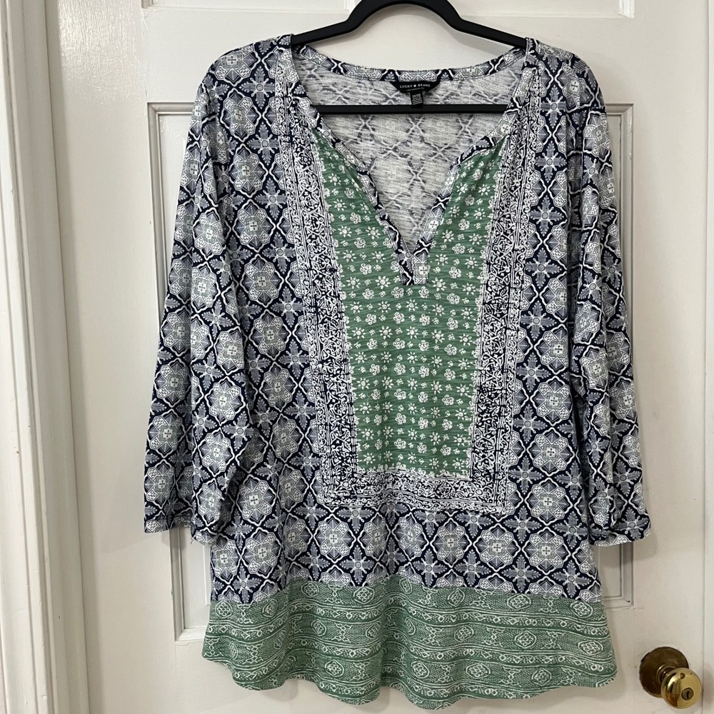 Lucky Brand Mixed Pattern Tunic Top 1X Boho Medallion Artsy Festival